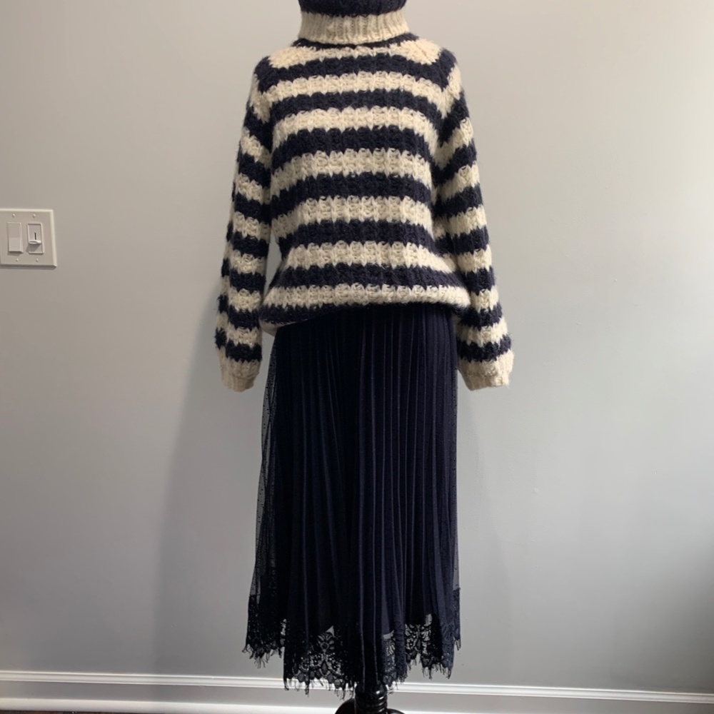 Bonmarche skirt navy Blue lace size 10 pleated Swiss dot Aline Medium M lined